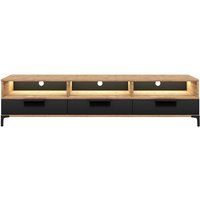 Selsey - rikke - TV-Lowboard / TV-Tisch mit 3 offenen Fächern, Klappen und Metallfüßen, 160 cm breit (Wotan Eiche Matt / Schwarz Hochglanz mit led) von SELSEY