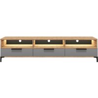 Selsey - rikke - TV-Lowboard / TV-Tisch mit 3 offenen Fächern, Klappen und Metallfüßen, 160 cm breit (Wotan Eiche Matt / Grau Hochglanz mit led) von SELSEY