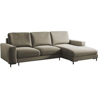 Selsey MOKPEO - Ecksofa mit Schlaffunktion, Bettkasten und schwarzen Füßen, 244 cm breit (Veloursbezug Beige, Ottomane rechts) von SELSEY