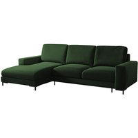 Selsey MOKPEO - Ecksofa mit Schlaffunktion, Bettkasten und schwarzen Füßen, 244 cm breit (Veloursbezug Flaschengrün, Ottomane links) von SELSEY