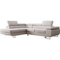 Selsey STEVIL - Ecksofa L-Sofa mit Schlaffunktion, Bettkasten, Ottomane links, Veloursbezug Creme von SELSEY