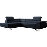 Stevil - Ecksofa L-Sofa mit Schlaffunktion, Bettkasten, Ottomane links, Veloursbezug Dunkelblau - Selsey von SELSEY