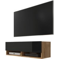 Wander - TV-Board / Fernsehschrank für Wohnzimmer hängend/stehend, 100 cm (Holzoptik Wotan Eiche / Schwarz Hochglanz, ohne led) - Selsey von SELSEY