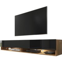 Selsey - wander - TV-Board / Fernsehschrank für Wohnzimmer hängend/stehend, 180 cm breit (Holzoptik Wotan Eiche / Schwarz Hochglanz, mit led) von SELSEY