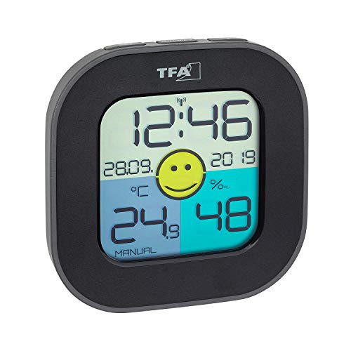 Digitales Thermo-Hygrometer, Messgerät für Innentemperatur und Luftfeuchtigkeit, inklusive Funkuhr mit Datum, farbiges Display mit Smiley Komfortzonenindikator von SELVA
