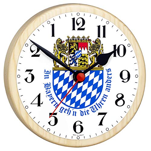 SELVA Bayernuhr mit Wappen – Rückwärtsläufer-Uhr – Geeignet für Hobbyraum, PARTYKELLER, als witziges Überraschungsgeschenk etc. – MADE IN GERMANY – Kiefer-Gehäuse – Maße: Ø: 16,5 cm – C345434 von SELVA