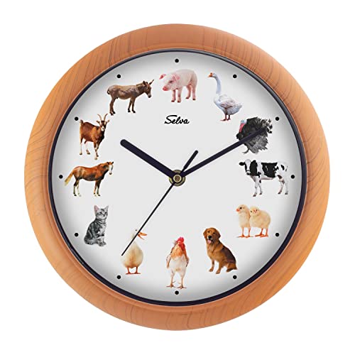 SELVA Tieruhr, Wanduhr, mit Tierlauten zu jeder Stunde und farbenfrohe Illustrationen, Gehäuse aus Kunststoff, Holzoptik, Farbe:Bauernhoftiere von SELVA