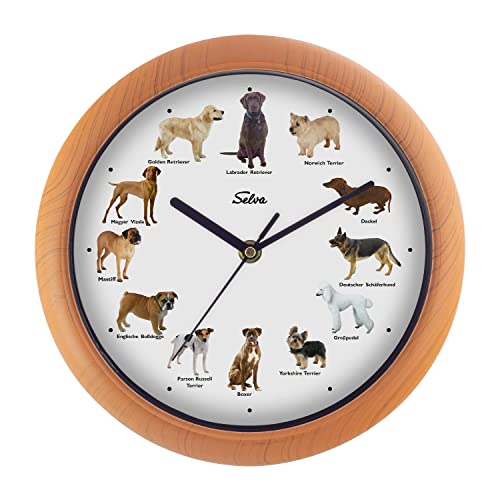 SELVA Tieruhr, Wanduhr, mit Tierlauten zu jeder Stunde und farbenfrohe Illustrationen, Gehäuse aus Kunststoff, Holzoptik, Farbe:Hunde von SELVA