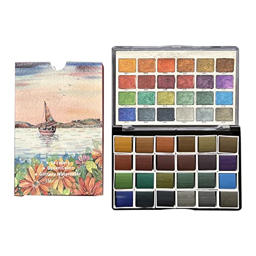 SELVFZ 24 Farb Glitzer Aquarellfarben Set Pearlescent Farbanfänger Kunstset Für Kinder Künstler Malen Nagelkunst Aquarellfarbe Mit Buch Für Kinder Erwachsene Nicht Giftig Professionelle Aquarelle von SELVFZ