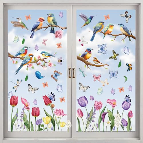 Frühling Fensteraufkleber,Vögel auf Ast Fenster Abziehbilder,Fensterbilder Frühling Vögel,Kolibris Fensteraufkleber,Frühling Schmetterlinge Fensteraufkleber,DIY Fenster Deko Wiederverwendbar,9 Blatt von SEMINISMAR