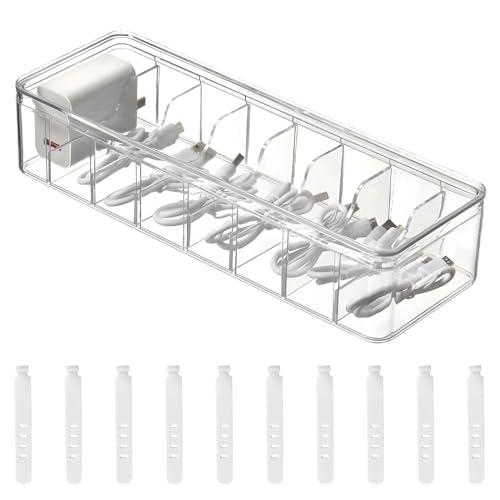 Kabel Aufbewahrungsbox,Transparent Kabel Organizer Box,Kabel Organizer Box,Cable Management Box mit 7 Fächer & 10 Kabelbindern,Kunststoff Aufbewahrungsbox für Schreibtisch Aufbewahrung von SEMINISMAR