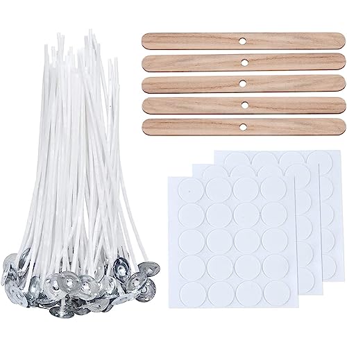 Kerzendocht Set,Kerzendochtes für Kerzen,100 Stück Dochte Candle Wick,15cm Dochte für Kerzen mit 5 Stück Dochthalter aus Holz und 60 Doppelseitige Dots Docht Aufkleber,Geruchlos Kerzendochte von SEMINISMAR