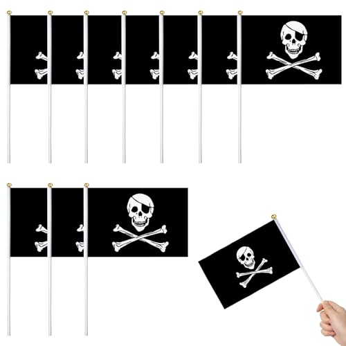 Pirat Flagge Halloween,Piratenfahne Stockfahne Piratenflagge,Piratenflagge klein,Handgehaltene Mini-Flagge,Stockflagge Pirat,Mini-Fahne mit Piratenmotiv für Kindergeburtstag und Faschings-Party,10 PCS von SEMINISMAR