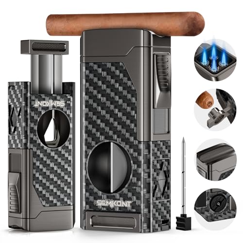 SEMKONT Nachfüllbarer Butan-Zigarrenfeuerzeug mit V-Cut-Zigarrenschneider, Zigarrenhalter, Zigarrenhalter und Zigarrenzug-Verstärker, multifunktional, Winddicht, kein Butan (Kohlefaser) von SEMKONT