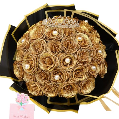 Glitzer-Rosenstrauß zum Selbermachen, Gold, 36 Stück, künstliche glänzende Blumen mit Stielen, ewiges Blumenmuster, für Abschlussfeier, handgefertigter Hochzeitsstrauß, Jahrestag, Geburtstagsgeschenk, von SEMONONIA