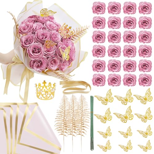 SEMONONIA Glitzer-Rosenstrauß zum Selbermachen, Rosa, 24 Stück, künstliche glänzende Blumen mit Stielen, ewige Blumen für Eleganz, Hochzeitsstrauß, Jahrestag, Geburtstag, Liebesgeschenk von SEMONONIA