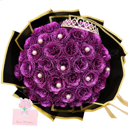 SEMONONIA Künstlicher Glitzer-Rosenstrauß, lila, 36 Stück, DIY gefälschte glänzende Blumen, Blumenstrauß, ewige Blumen, für Abschlussfeier, Hochzeit, Blumenstrauß, Jahrestag, Geburtstag, Valentinstag, von SEMONONIA
