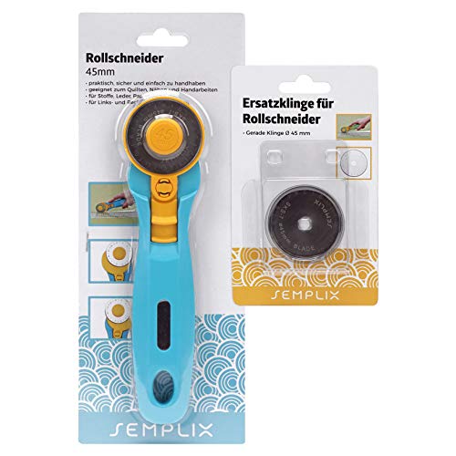 SEMPLIX Rollschneider + Ersatzklinge im Set Ø 45 mm – Stoffschneider mit integriertem Klingenschutz (blau) von SEMPLIX