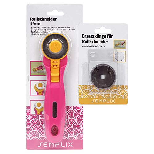 SEMPLIX Rollschneider + Ersatzklinge im Set Ø 45 mm – Stoffschneider mit integriertem Klingenschutz (pink) von SEMPLIX