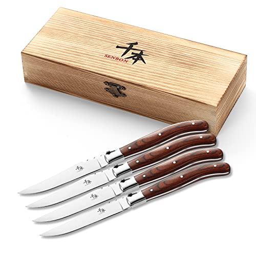 SENBON Steakmesser 4-teiliges Set Praktisches Tafelmesser Farbe Holzgriff 420 Klingen Holzkiste Verpackung von SENBON