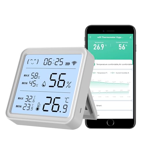 Smart WiFi Temperatur- und Luftfeuchtigkeitssensor, kabelloses Thermometer und Hygrometer,integrierte Uhr und Zeitanzeige, Smart Temperatur Luftfeuchtigkeit Monitor mit Tuya App,kompatibel mit Alexa von SENCKIT