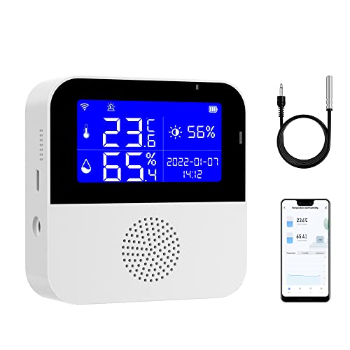 WLAN-Temperatur- und Luftfeuchtigkeitsmonitor, unterstützt Uhr/LED-Display/externe Sonde, intelligentes Thermometer Hygrometer mit Alarm und eingebauter Notfallbatterie, funktioniert mit Alexa von SENCKIT
