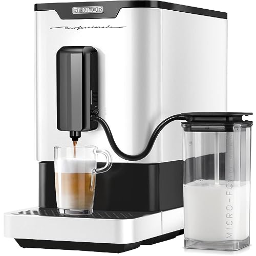 SENCOR Automatische Espresso-Maschine, Milchaufschäumer, 19 Bars Kompakt, Kaffeemühle mit Bohnen, Espressomaschine, Cappuccino, Espresso, Barista Express-Mühle, Thermoblock, Patentiertes Braus, Weiss von SENCOR