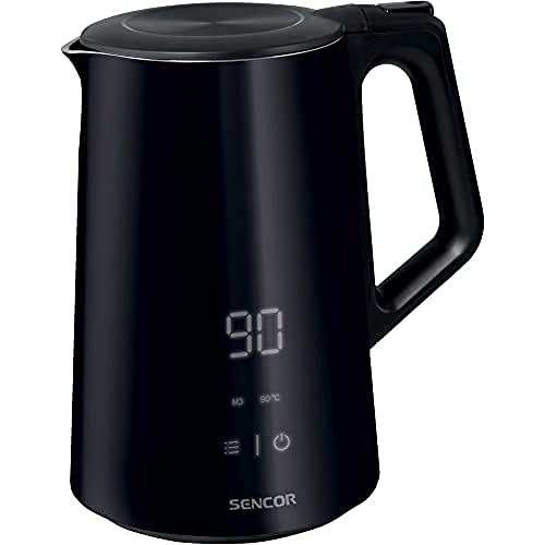 Sencor Wasserkocher Schwarz Leistungsstark, Cool Touch Oberfläche, Schutz vor Verbrennungen, BPA-frei, Wasserkocher mit Temperatureinstellung, LED-Anzeige, 1.5L, Edelstahl, 2200W, Warmhaltefunktion von SENCOR