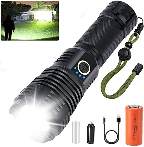 SENDALE LED Taschenlampe 90000Lumen,IPX67 Wasserdicht USB Aufladbar Fackel 5 Lichtmodi, Zoombar, XHP70.2 Taschenlampe Batteriebetrieben, für Camping Wandern Notfälle(26650 Akku) [Energieklasse A+++] von SENDALE