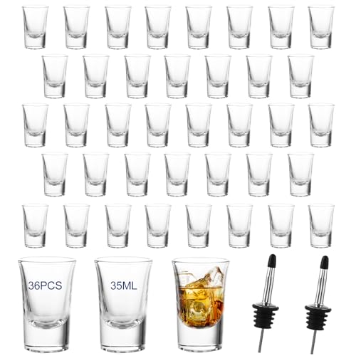 SENENQU 36 Stück 35 ml Schnapsgläser, Mini-Schnapsgläser mit schwerem Boden, mit 2 Likörausgießern, klares Schnapsglas für Wodka, Tequila, Whisky Shots von SENENQU