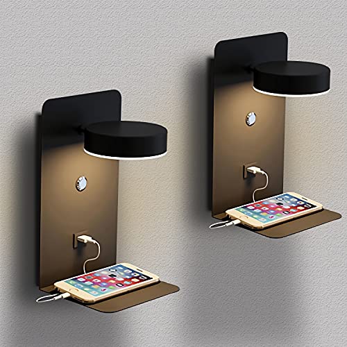 SENFAY LED Dimmbar Wandleuchte Innen Wandlampe mit schalter und USB Ladeanschluss & Ablage, Moderne Schwarz Bettlampe 350° Drehbar Leselampe 12W für Lesen Hotel Schlafzimmer, Nachtlicht (2 Pack) von SENFAY