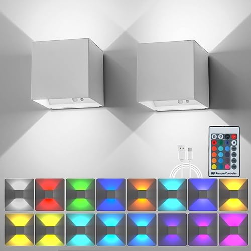 2 Stück LED Wandleuchte Innen, Akku Wandlampe Dimmbar mit Fernbedienung, 4 Modi 16 Farben, Kabellose Batterie lampe, USB Ladeanschluss Batteriebetrieben, RGB Wandbeleuchtung Wohnzimmer Flur Treppen von SENFAY