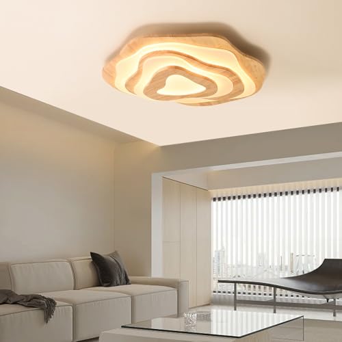 LED Deckenleuchte Holz Wohnzimmer Deckenlampe Dimmbar mit Fernbedienung, Ø60cm Rund Holzoptik Deckenleuchten mit Memory-Funktion, Moderne Kinder Schlafzimmerlampe mit Nachtlicht and Timerfunktion von SENFAY