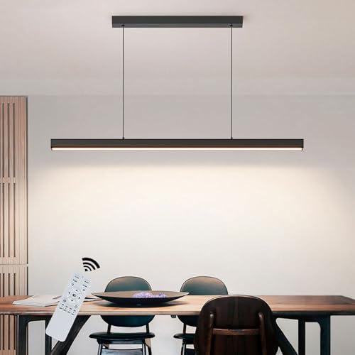 SENFAY 80CM LED Pendelleuchte Esstisch Dimmbare Moderne Hängeleuchte Holz Mit Fernbedienung, Linear Design Höhenverstellbar Küchenlampe Hängend, Hängelampe Schwarz Für Büro Esszimmer Wohnzimmer Küche von SENFAY