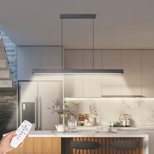 SENFAY 150cm LED Pendelleuchte schwarz dimmbare, Moderne Hängelampe esstisch mit Fernbedienung, Linear design Esszimmerlampe hängend höhenverstellbar, 52W Esstischlampe, Bürolampe mit Memory Funktion von SENFAY