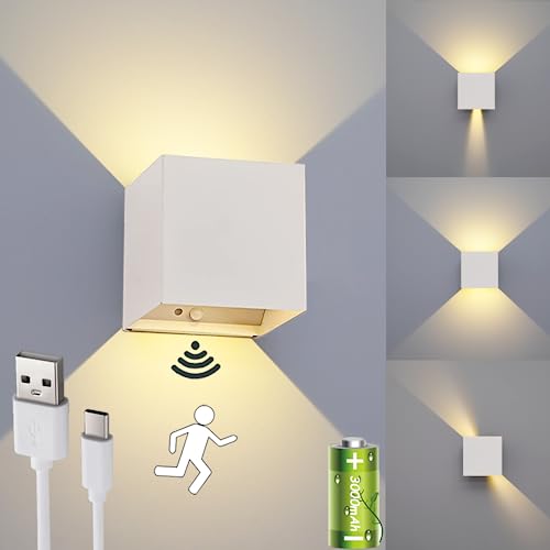 SENFAY LED Akku Wandleuchte mit Bewegungsmelder, LED Innen Wandlampe Batteriebetrieben 3000mAh mit Schalter, Warmweiß USB Aufladbare Wandlampe, Einstellbar Abstrahlwinkel 6W Weiß Flur Wandbeleuchtung von SENFAY