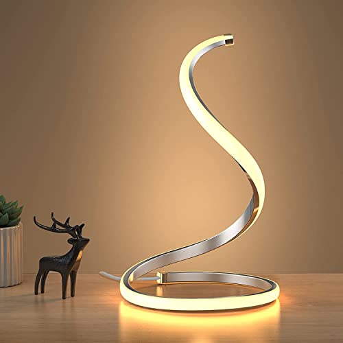 Spiral LED Tischlampe, Moderne Nachttischlampe Aus Aluminium,12W Dimmbare Schreibtischlampe Mit Touch-Schalter Für Schlafzimmer, Wohnzimmer Und Büro, Höhe 13Zoll-2M Kabel (Silber) von BOBOPAI