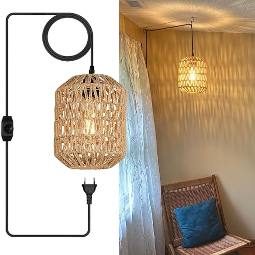 Vintage Hängelampe mit Stecker, E27 Retro Pendelleuchte mit Dimmbar Schalter, DIY Hanfseil Lampenschirm, Ø18cm Indoor/Outdoor Hängeleuchte mit 4.5M Kabel für Schlafzimmer Foyer (Mit 40W Glühbirne) von Liyabber