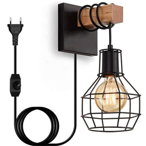 Wandleuchte Innen Dimmbar Vintage Wandlampe Schwarz Industrial Retro Lampe E27 Aus Metall Und Holz Mit Schalter Kabel Und Stecker Für Treppenhaus Schlafzimmer Restaurant Wohnzimmer (Mit Glühlampe) von Liyabber