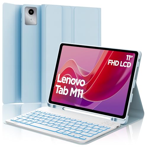 SENGBIRCH Hülle mit Tastatur für Lenovo tab M11 11 Zoll 2024 (TB330FU/TB330XU) - QWERTZ Deutsche 7 Farben Beleuchtete Abnehmbare Bluetooth Wireless Tastatur für Lenovo tab M11 2024, Hellblau von SENGBIRCH