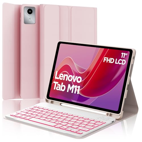 SENGBIRCH Hülle mit Tastatur für Lenovo tab M11 11 Zoll 2024 (TB330FU/TB330XU) - QWERTZ Deutsche 7 Farben Beleuchtete Abnehmbare Bluetooth Wireless Tastatur für Lenovo tab M11 2024, Hellrosa von SENGBIRCH