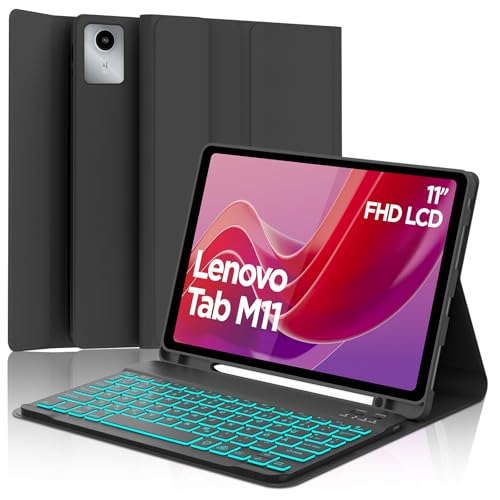 SENGBIRCH Hülle mit Tastatur für Lenovo tab M11 11 Zoll 2024 (TB330FU/TB330XU) - QWERTZ Deutsche 7 Farben Beleuchtete Abnehmbare Bluetooth Wireless Tastatur für Lenovo tab M11 2024, Schwarz von SENGBIRCH