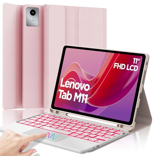 SENGBIRCH Hülle mit Tastatur für Lenovo tab M11 11 Zoll 2024 (TB330FU/TB330XU) - QWERTZ Deutsche 7 Farben Beleuchtete Touchpad Abnehmbare Bluetooth Wireless Tastatur für Lenovo tab M11, Hellrosa von SENGBIRCH