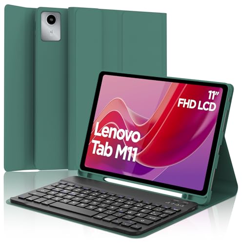 SENGBIRCH Hülle mit Tastatur für Lenovo tab M11 11 Zoll 2024 (TB330FU/TB330XU) - QWERTZ Deutsche Abnehmbare Bluetooth Wireless Tastatur für Lenovo tab M11 2024, Dunkelgrün von SENGBIRCH