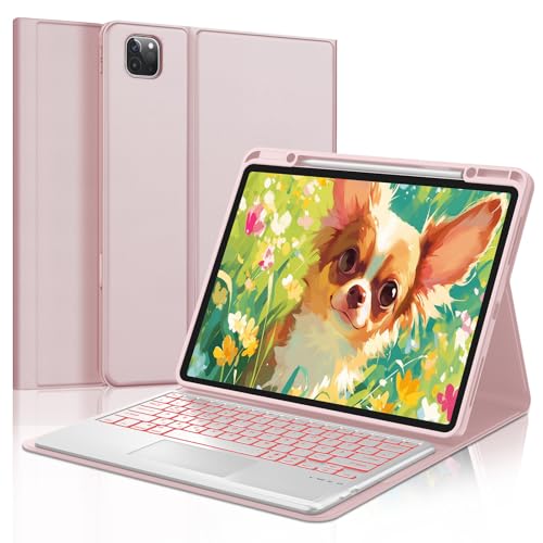SENGBIRCH Hülle mit Tastatur für iPad Pro 12.9" 6/5/4/3. Gen - Deutsches QWERTZ Beleuchtete Touchpad Tastatur Magnetische Kabelloser Bluetooth Abnehmbar für iPad Air 13" (M3 2025/M2 2024), Rosa von SENGBIRCH
