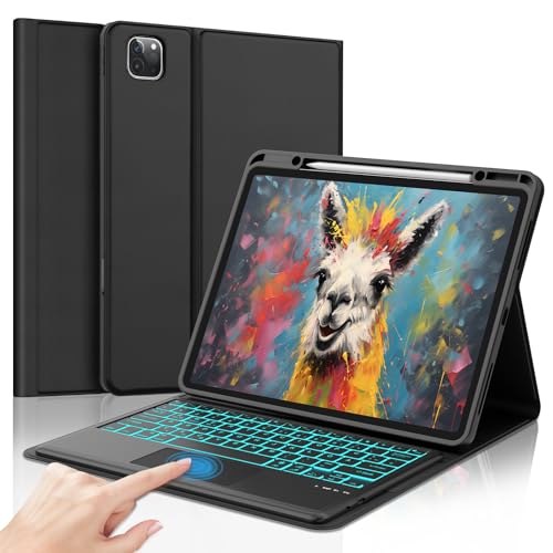 SENGBIRCH Hülle mit Tastatur für iPad Pro 12.9" 6/5/4/3. Gen - Deutsches QWERTZ Beleuchtete Touchpad Tastatur Magnetische Kabelloser Bluetooth Abnehmbar für iPad Air 13" (M3 2025/M2 2024), Schwarz von SENGBIRCH