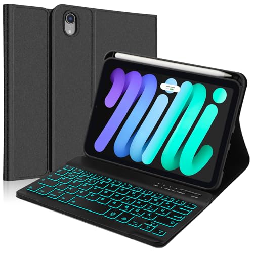 SENGBIRCH Hülle mit Tastatur für iPad mini 7 (A17 Pro) 8.3" 2024 - QWERTZ Deutsche 7 Farben Beleuchtung Abnehmbare Bluetooth Wireless Tastatur für iPad mini 6 8.3 Zoll, Schwarz von SENGBIRCH