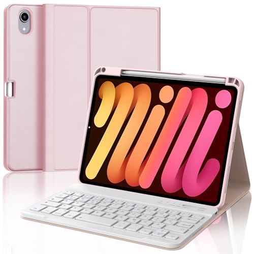 SENGBIRCH Hülle mit Tastatur für iPad mini 7 (A17Pro) 8.3" 2024 - QWERTZ Deutsche Tastatur Abnehmbare Bluetooth Wireless Keyboard für iPad mini 6 8.3 Zoll, Hellrosa von SENGBIRCH
