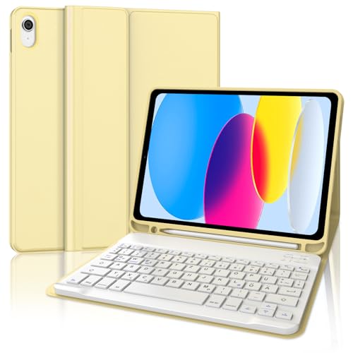 SENGBIRCH Hülle mit Tastatur für ipad 10. Generation 10.9"/ 11. Gen A16 2025- QWERTZ Layout Bluetooth Tastatur, Kabellose Abnehmbare Folio Keyboard Hülle für iPad 10. Generation - Gelb von SENGBIRCH