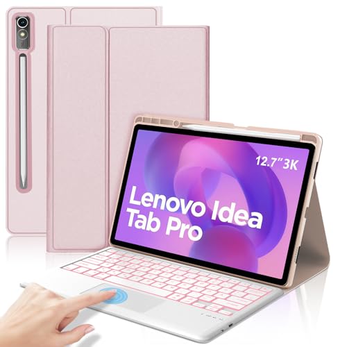 SENGBIRCH Tastaturhülle für Idea tab Pro 12.7" 2025 - QWERTZ Deutsche 7 Farben Beleuchtete Touchpad Abnehmbare Bluetooth Wireless Tastatur für Idea tab Pro 12.7 Zoll 2025, Hellrosa von SENGBIRCH